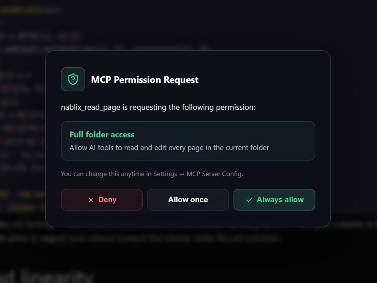 The permission dialog shown when an external AI tool edits a note via MCP