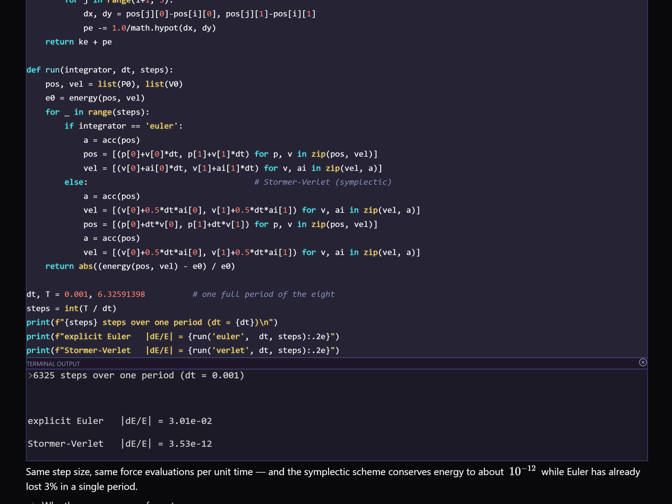 A Python code block executed in a note with its output below